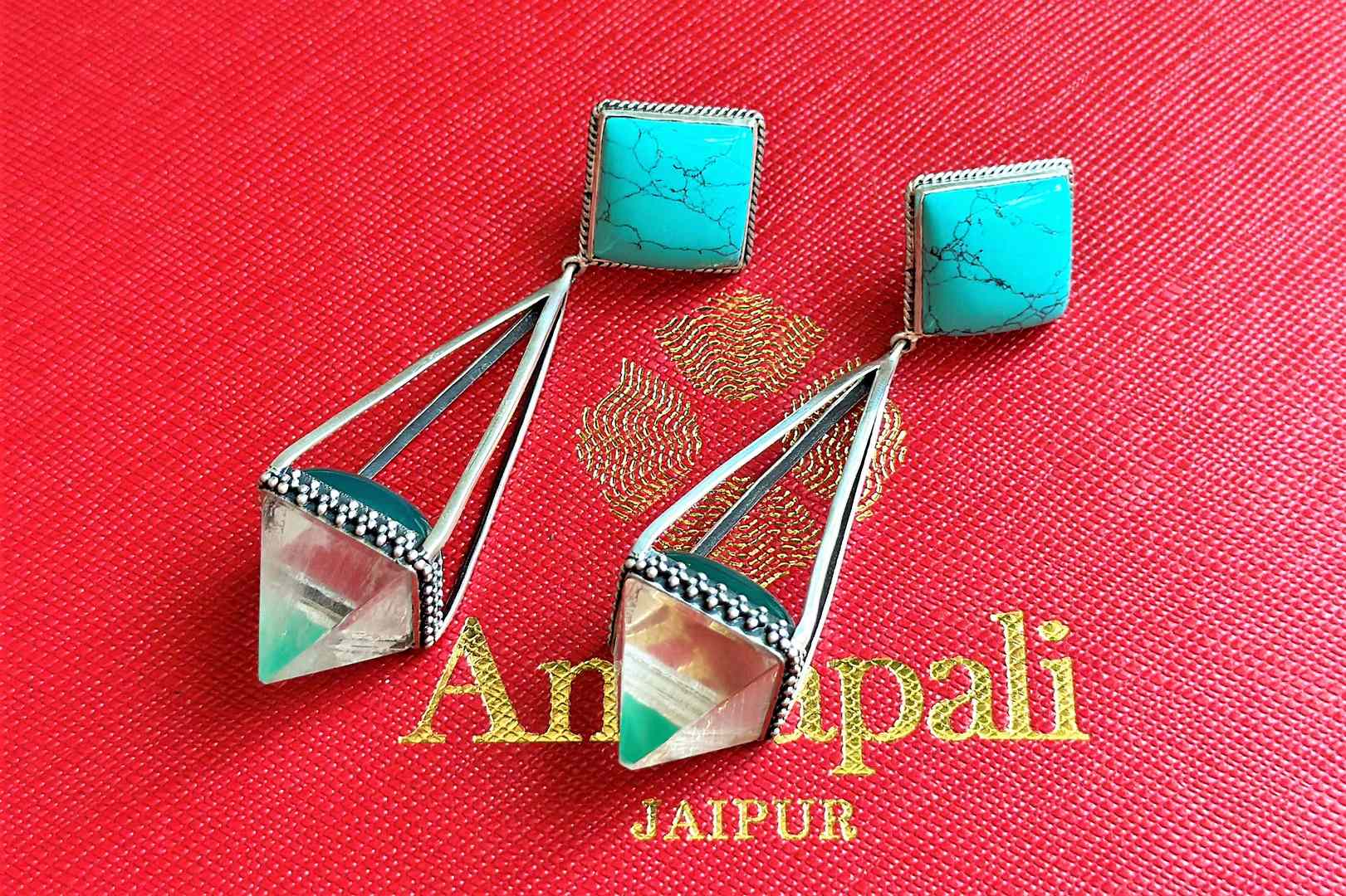 Shop Amrapali glass and turquoise stone silver earrings online in USA. Complete your Indian look with beautiful Amrapali gold plated jewelry, gold plated earrings, temple jewelry, silver jewelry, silver earrings available at Pure Elegance Indian fashion store in USA.-full view