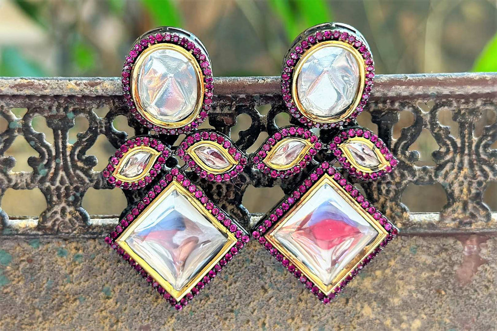 Buy white glass pink stone gold plated drop earrings online in USA. Complete your Indian look with beautiful Amrapali gold plated jewelry, gold plated earrings, temple jewelry, silver jewelry, silver earrings available at Pure Elegance Indian fashion store in USA.-full view