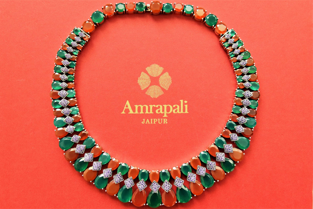 Buy Amrapali orange and green stones necklace online in USA. Shop gold plated jewelry, silver jewelry, gold plated earrings, wedding jewelry, bridal jewellery from Pure Elegance Indian fashion store in USA in best designs and quality.-full view