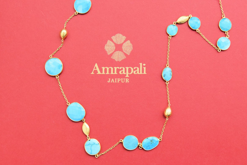Shop beautiful gold plated turquoise chain necklace online in USA. Shop exquisite jewelry, gold plated jewelry, wedding jewelry, silver jewelry, silver earrings, gold plated bangles, chokers from Amrapali in USA from Pure Elegance Indian fashion store.-full view