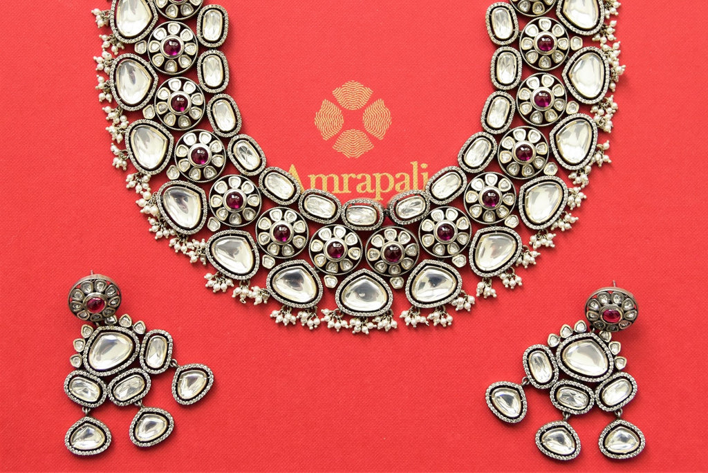 Buy Amrapali heavy polki necklace set online in USA with earrings. Shop gold plated jewelry, silver jewelry, gold plated earrings, wedding jewelry, bridal jewellery from Pure Elegance Indian fashion store in USA in best designs and quality.-full view