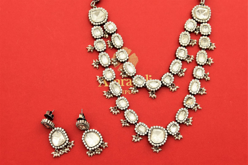Shop stunning Amrapali kundan polki layered necklace set online in USA. Shop gold plated jewelry, silver jewelry, gold plated earrings, wedding jewelry, bridal jewellery from Pure Elegance Indian fashion store in USA in best designs and quality.-full view