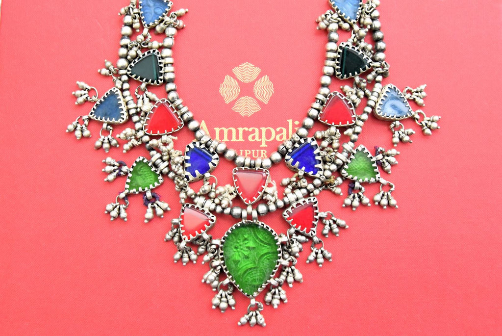 Buy silver layered necklace online in USA with multicolor stones. Shop exquisite jewelry, gold plated jewelry, wedding jewelry, silver jewelry, silver earrings, gold plated bangles, chokers from Amrapali in USA from Pure Elegance Indian fashion store.-full view