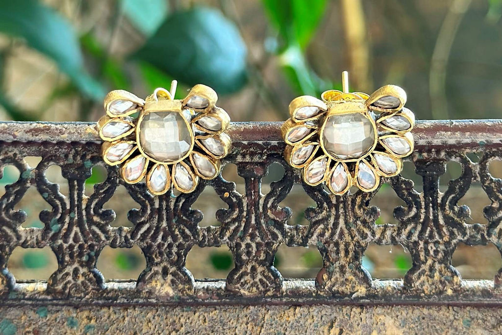 Shop Amrapali gold plated floral glass studs online in USA. Complete your Indian look with beautiful Amrapali gold plated jewelry, gold plated earrings, temple jewelry, silver jewelry, silver earrings available at Pure Elegance Indian fashion store in USA.-full view