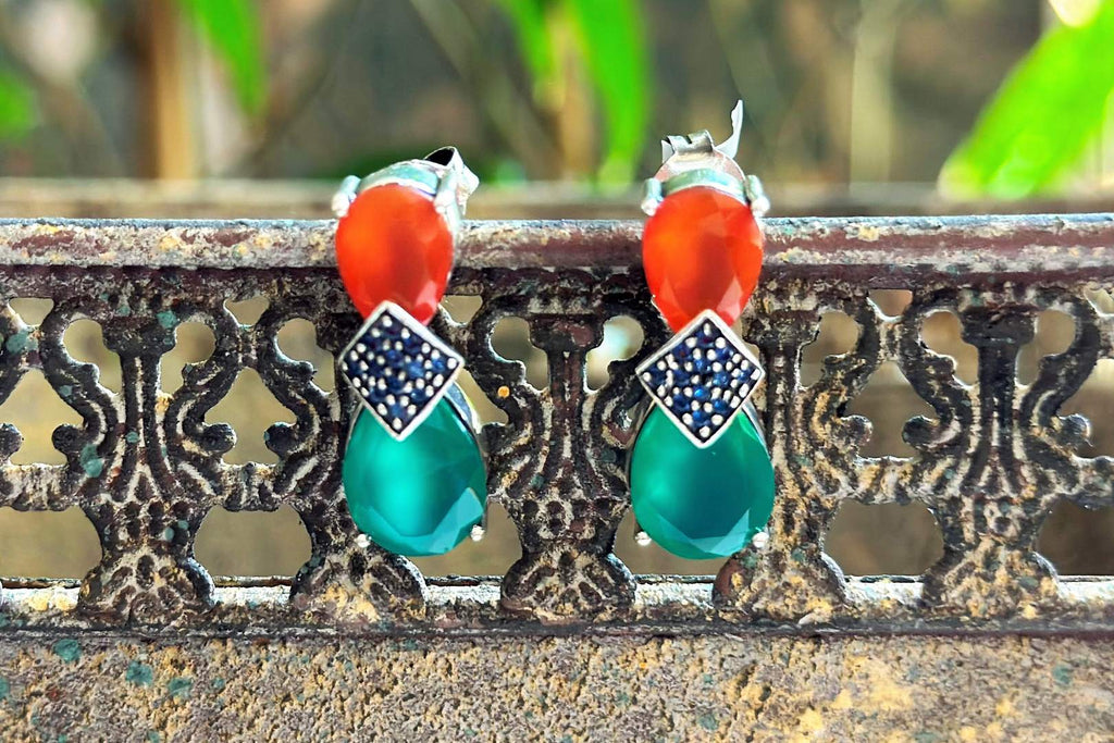 Shop orange and green stone earrings online in USA. Complete your Indian look with beautiful Amrapali gold plated jewelry, gold plated earrings, temple jewelry, silver jewelry, silver earrings available at Pure Elegance Indian fashion store in USA.-full view