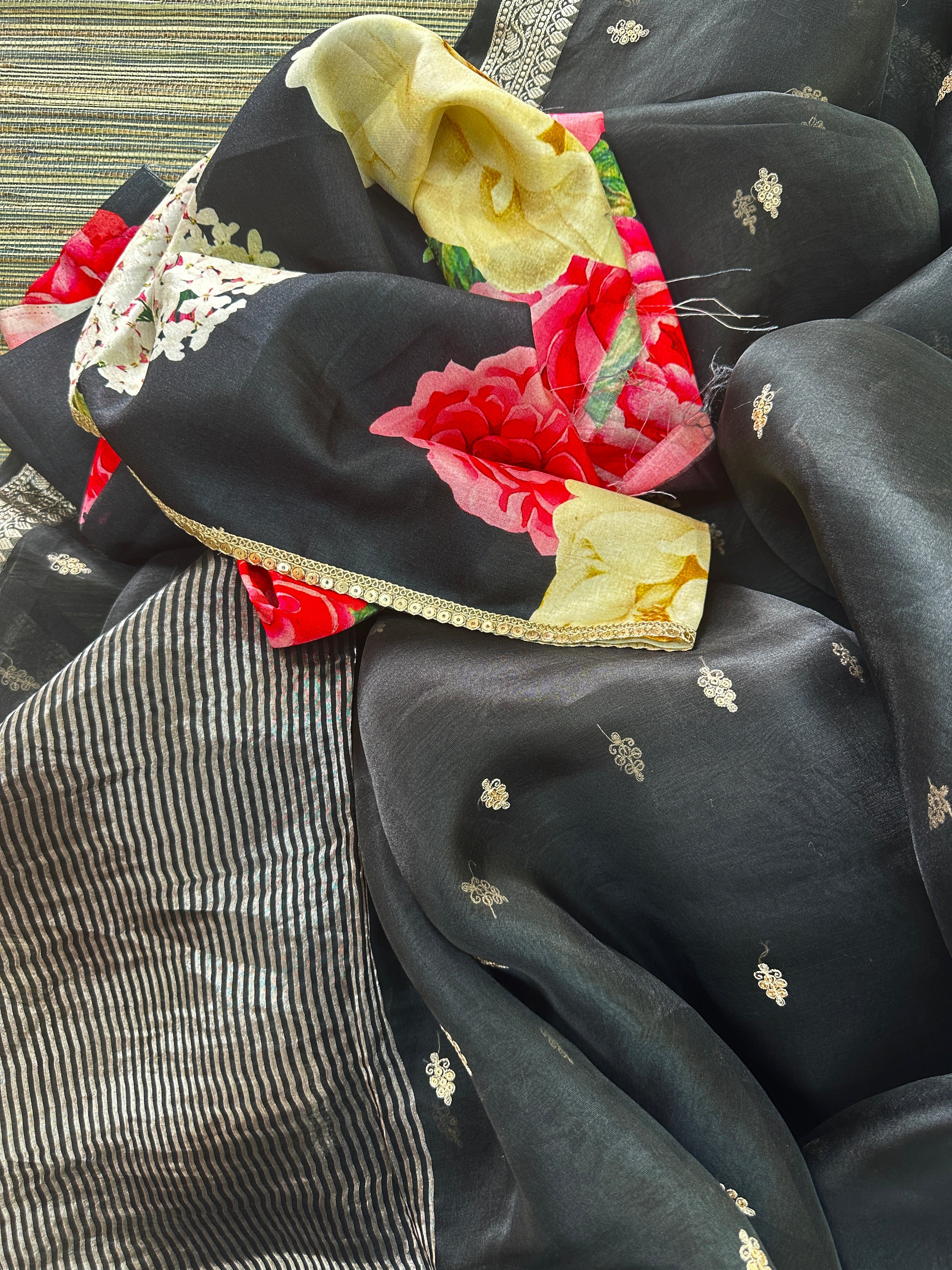 90N035 Black Soft Organza Silk Designer Saree with Silver Zari Work On Border