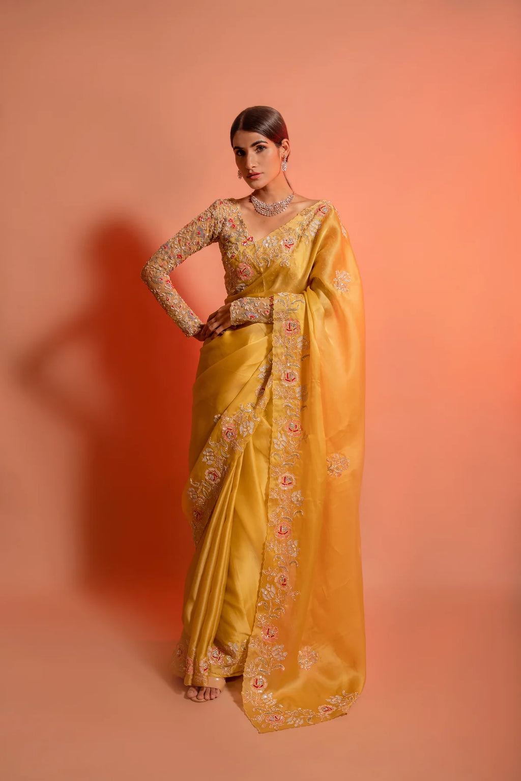 90N661A-RO Mango Yellow Hand Embroidered Organza Sari with Blouse