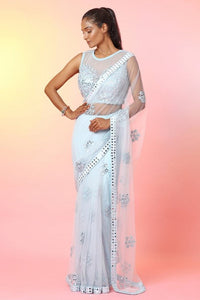 Buy stunning powder blue mirror work saree online in USA with designer blouse. Look your best at weddings and parties in Indian dresses, designer lehengas, Anarkali suits, designer gowns, salwar suits, sharara suits, embroidered sarees, designer sarees from Pure Elegance Indian fashion store in USA.-full view