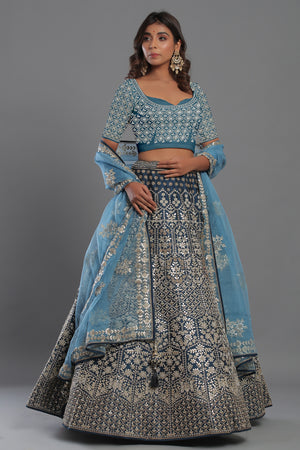 30Z220B-RO Blue Heavily Embroidered Lehnenga Set With Net Dupaatta