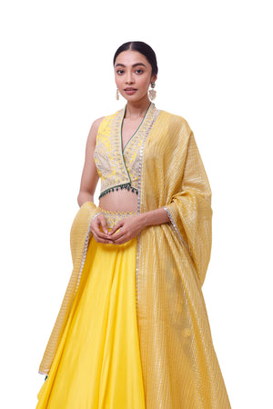 Buy beautiful yellow tussar silk embroidered lehenga online in USA with organza dupatta. Dazzle on weddings and special occasions with exquisite designer lehengas, Anarkali suit, sharara suit, Indowestern outfits, bridal lehengas from Pure Elegance Indian clothing store in the USA. -closeup