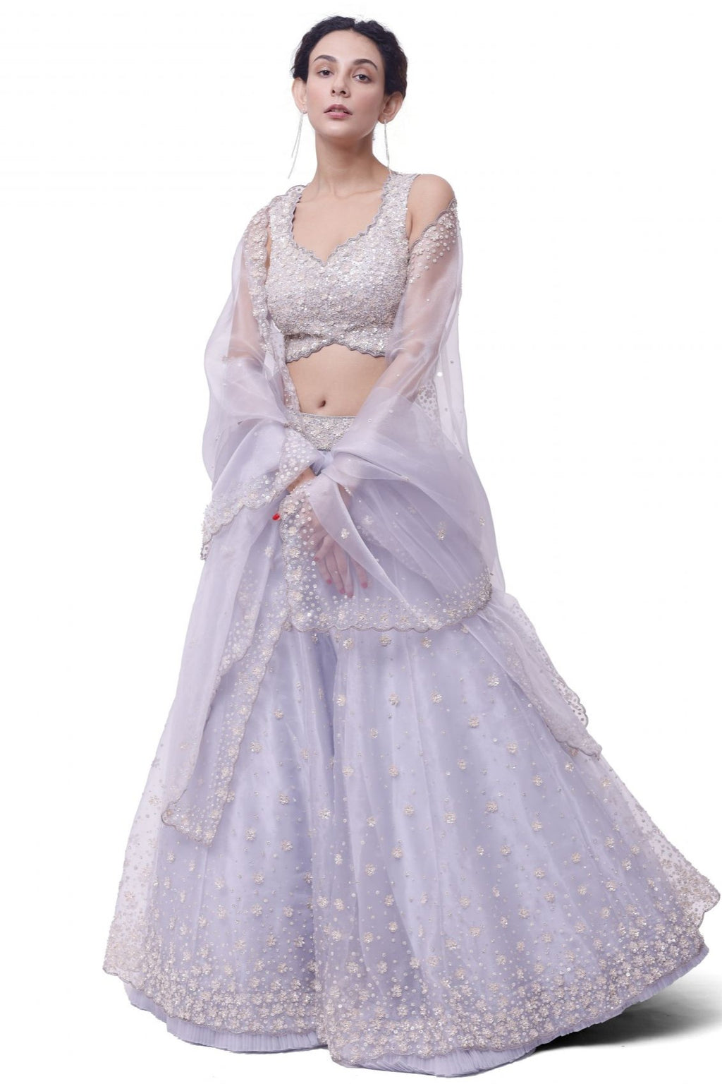 Shop silver tissue embroidered lehenga online in USA with upatta. Dazzle on weddings and special occasions with exquisite designer lehengas, Anarkali suit, sharara suit, Indowestern outfits, bridal lehengas from Pure Elegance Indian clothing store in the USA. -full view