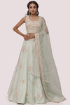 Shop sea green embroidered satin lehenga online in USA with organza dupatta. Dazzle on weddings and special occasions with exquisite designer lehengas, Anarkali suit, sharara suit, Indowestern outfits, bridal lehengas from Pure Elegance Indian clothing store in the USA. -full view
