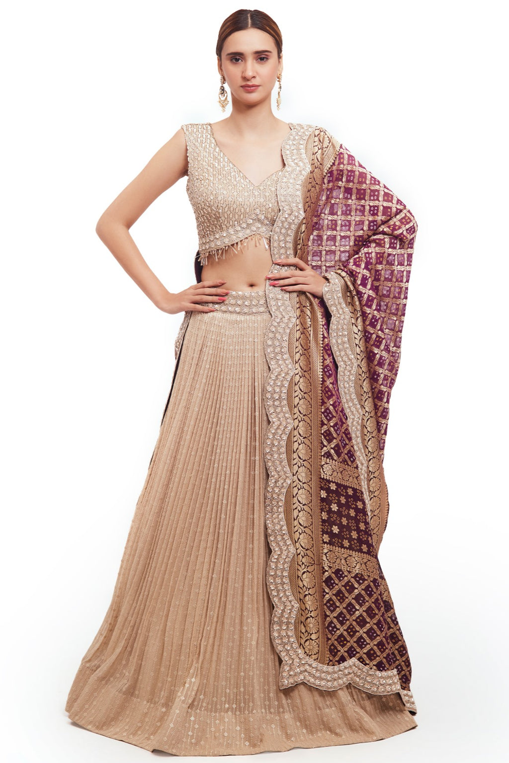 Buy off-white embroidered lehenga online in USA with purple zari dupatta. Dazzle on weddings and special occasions with exquisite designer lehengas, Anarkali suit, sharara suit, Indowestern outfits, bridal lehengas from Pure Elegance Indian clothing store in the USA. -full view
