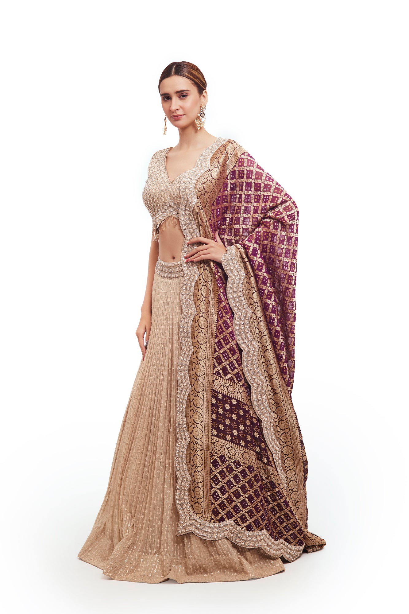 Buy off-white embroidered lehenga online in USA with purple zari dupatta. Dazzle on weddings and special occasions with exquisite designer lehengas, Anarkali suit, sharara suit, Indowestern outfits, bridal lehengas from Pure Elegance Indian clothing store in the USA. -dupatta