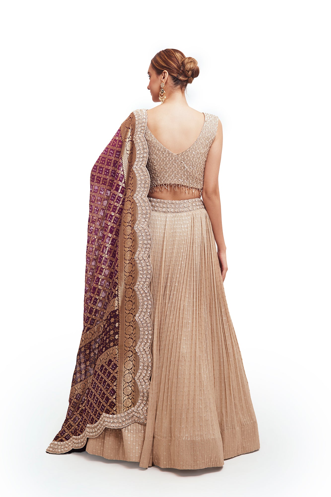 Buy off-white embroidered lehenga online in USA with purple zari dupatta. Dazzle on weddings and special occasions with exquisite designer lehengas, Anarkali suit, sharara suit, Indowestern outfits, bridal lehengas from Pure Elegance Indian clothing store in the USA. -back