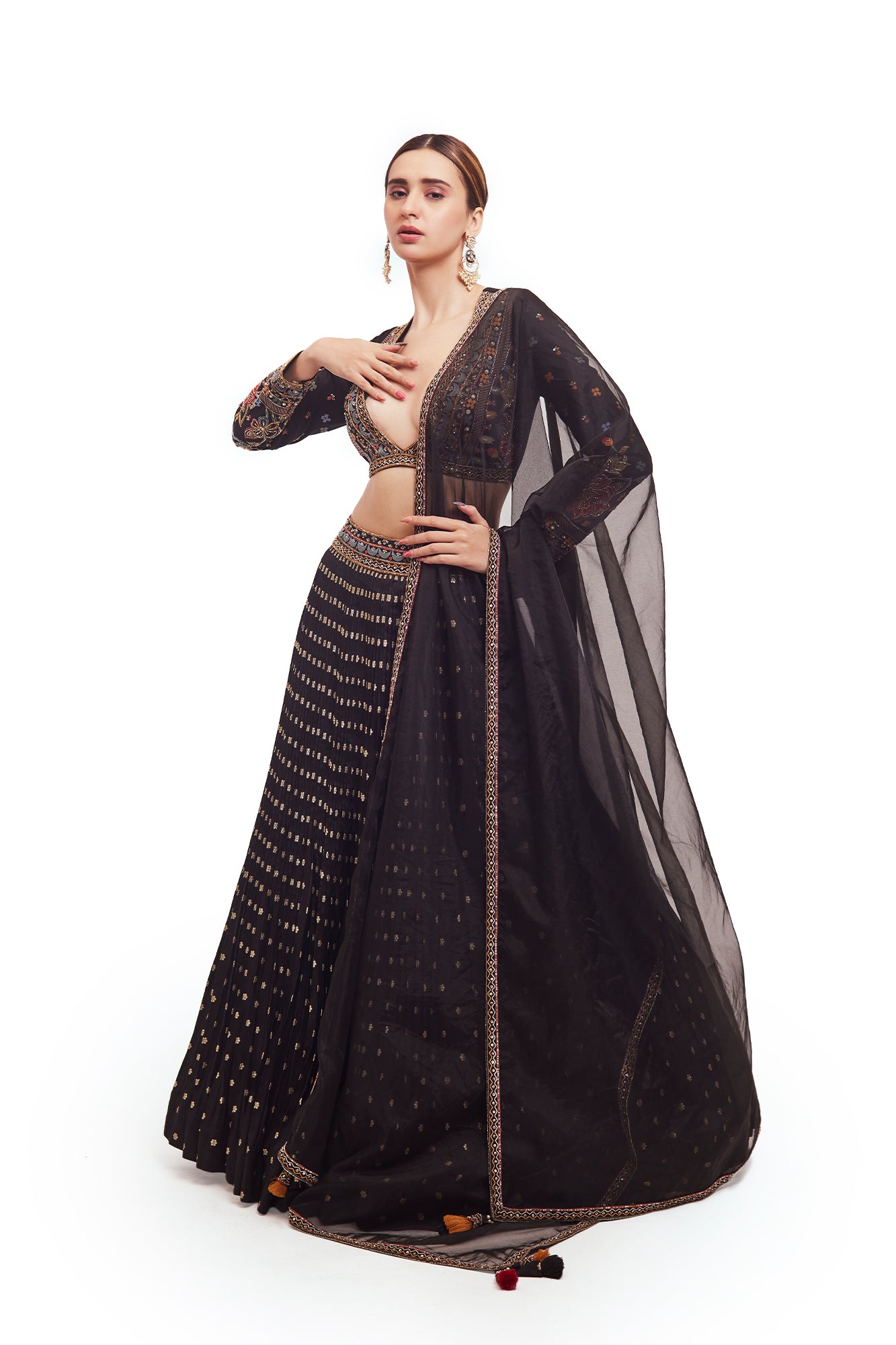 Shop beautiful black raw silk lehenga online in USA with multicolor embroidery. Dazzle on weddings and special occasions with exquisite designer lehengas, Anarkali suit, sharara suit, Indowestern outfits, bridal lehengas from Pure Elegance Indian clothing store in the USA. -lehenga
