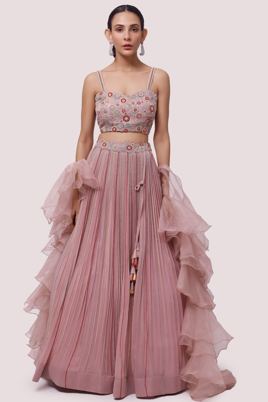 Buy pink georgette lehenga online in USA with raw silk blouse and organza dupatta. Dazzle on weddings and special occasions with exquisite designer lehengas, Anarkali suit, sharara suit, Indowestern outfits, bridal lehengas from Pure Elegance Indian clothing store in the USA. -full view