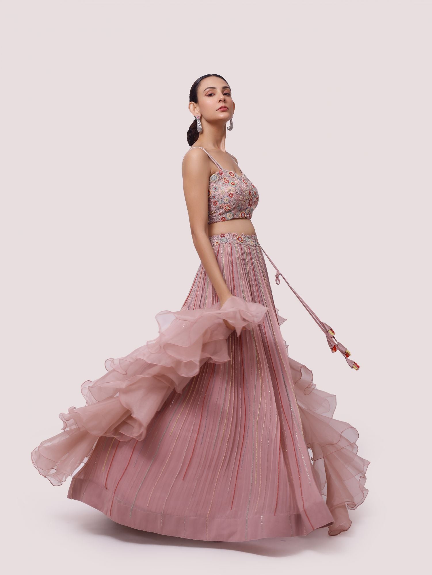 Buy pink georgette lehenga online in USA with raw silk blouse and organza dupatta. Dazzle on weddings and special occasions with exquisite designer lehengas, Anarkali suit, sharara suit, Indowestern outfits, bridal lehengas from Pure Elegance Indian clothing store in the USA. -side