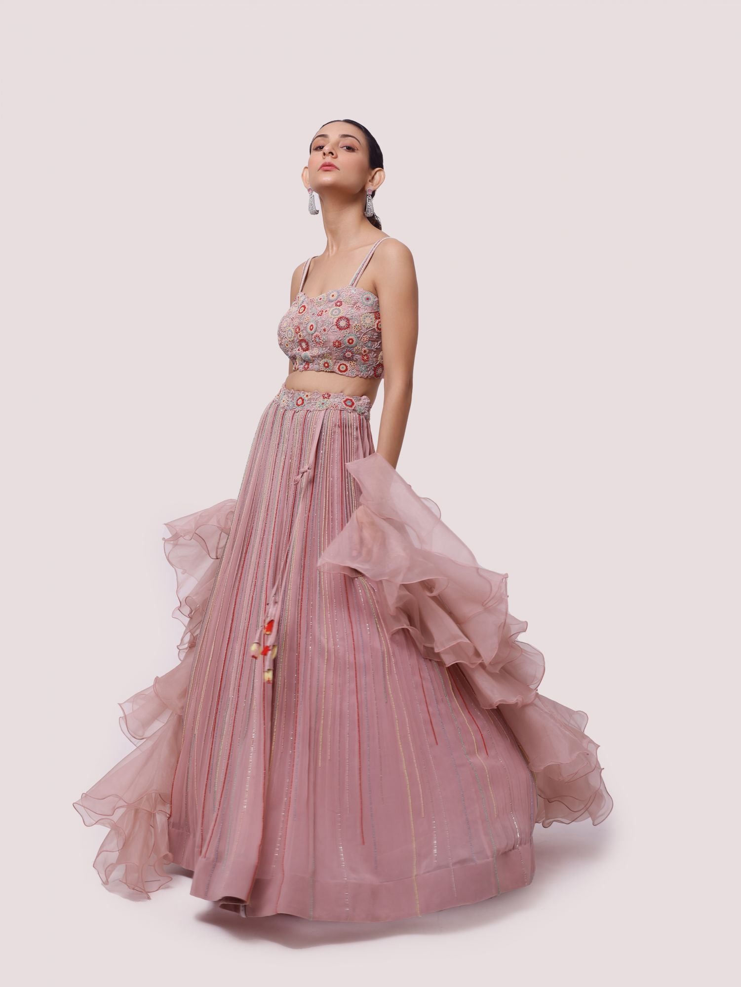 Buy pink georgette lehenga online in USA with raw silk blouse and organza dupatta. Dazzle on weddings and special occasions with exquisite designer lehengas, Anarkali suit, sharara suit, Indowestern outfits, bridal lehengas from Pure Elegance Indian clothing store in the USA. -dupatta