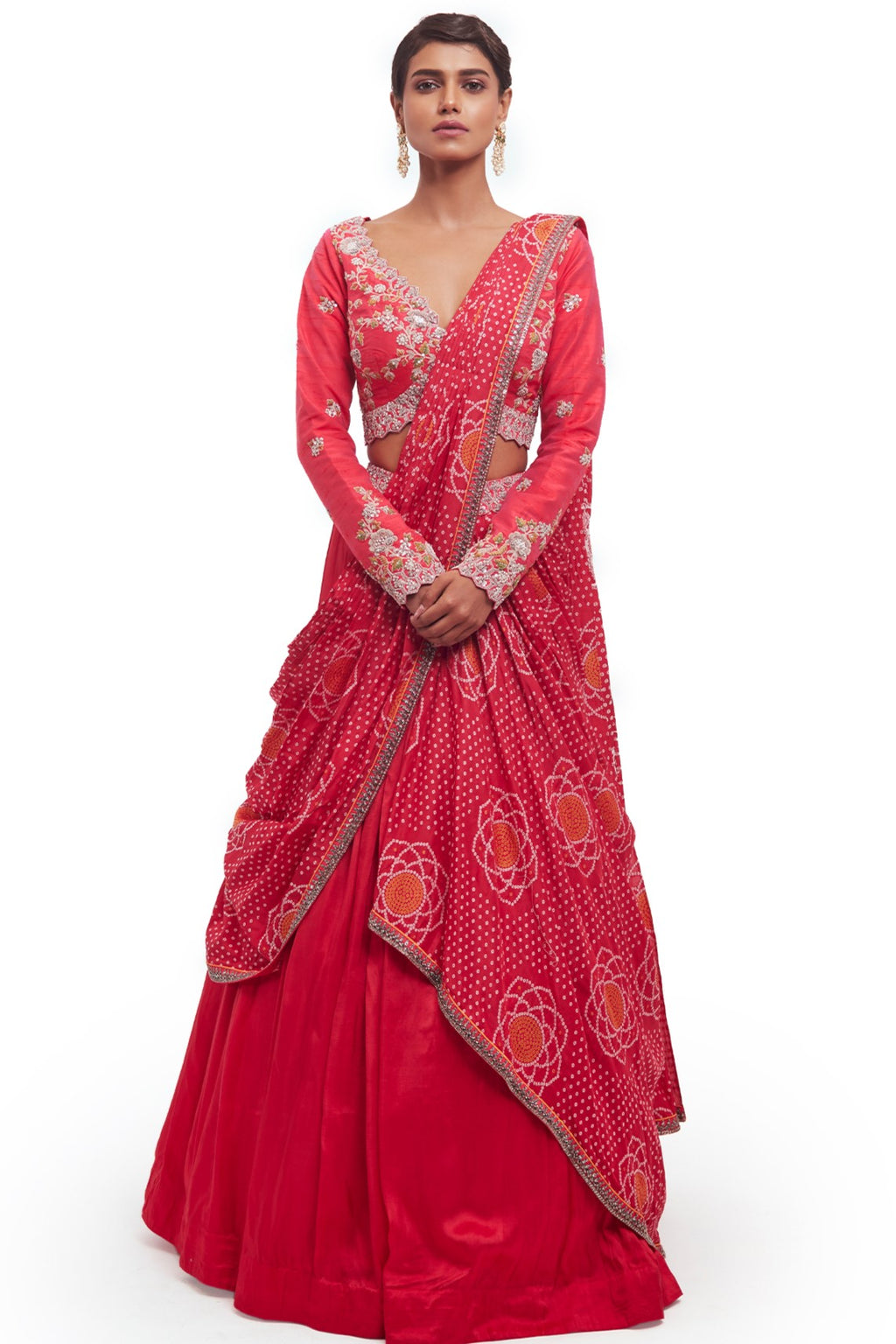 Buy beautiful rani pink embroidered Bandhej silk lehenga online in USA with dupatta. Dazzle on weddings and special occasions with exquisite designer lehengas, Anarkali suit, sharara suit, Indowestern outfits, bridal lehengas from Pure Elegance Indian clothing store in the USA. -full view