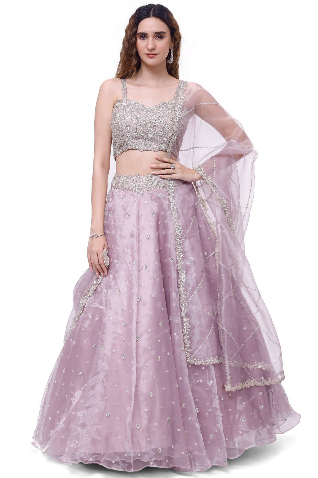 Shop lavender embroidered tissue lehenga online in USA with dupatta. Dazzle on weddings and special occasions with exquisite designer lehengas, Anarkali suit, sharara suit, Indowestern outfits, bridal lehengas from Pure Elegance Indian clothing store in the USA. -full view