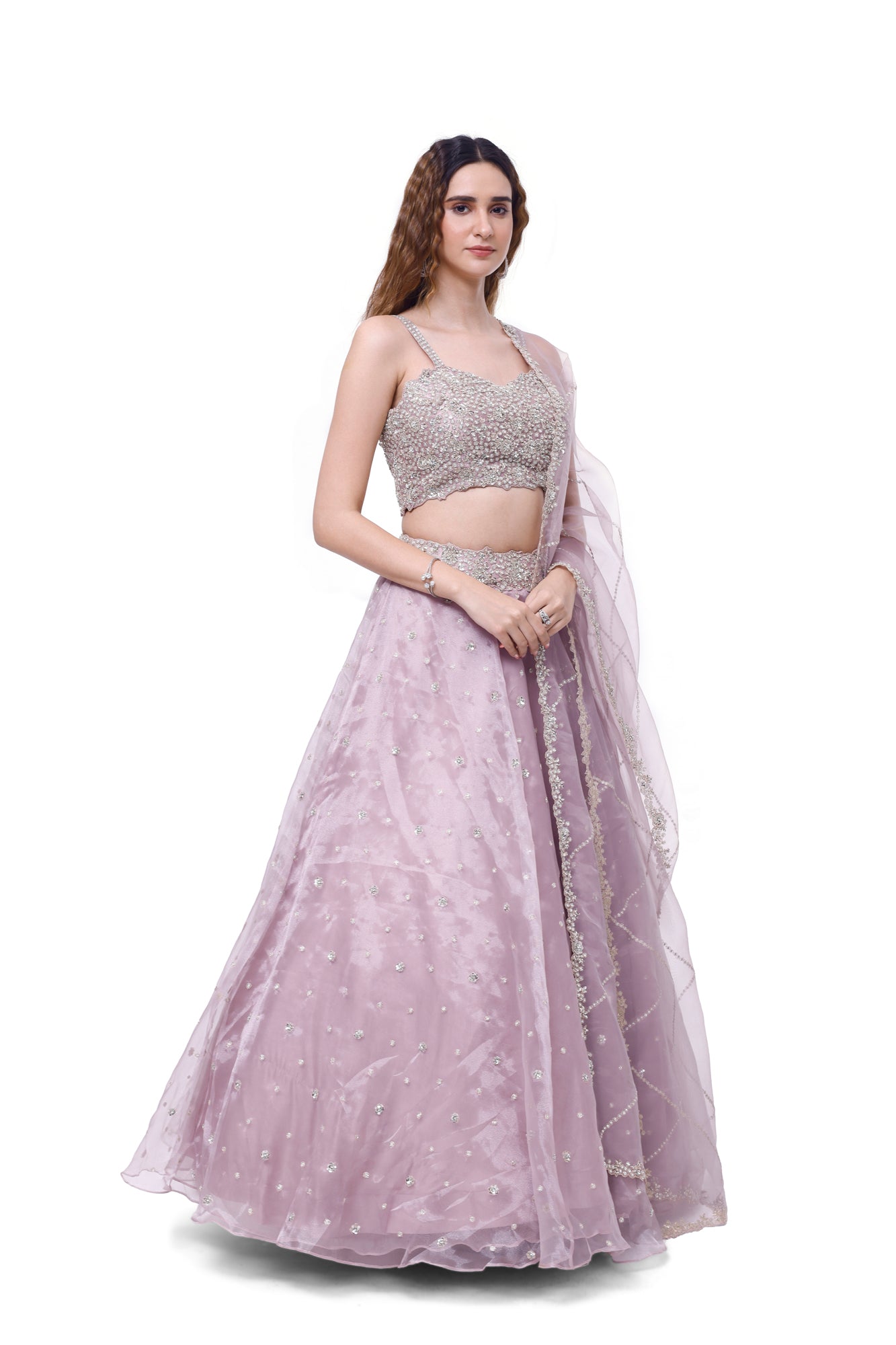 Shop lavender embroidered tissue lehenga online in USA with dupatta. Dazzle on weddings and special occasions with exquisite designer lehengas, Anarkali suit, sharara suit, Indowestern outfits, bridal lehengas from Pure Elegance Indian clothing store in the USA. -lehenga