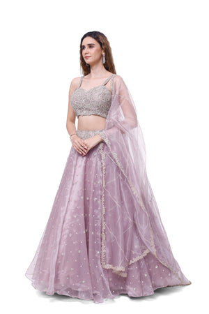 Shop lavender embroidered tissue lehenga online in USA with dupatta. Dazzle on weddings and special occasions with exquisite designer lehengas, Anarkali suit, sharara suit, Indowestern outfits, bridal lehengas from Pure Elegance Indian clothing store in the USA. -dupatta