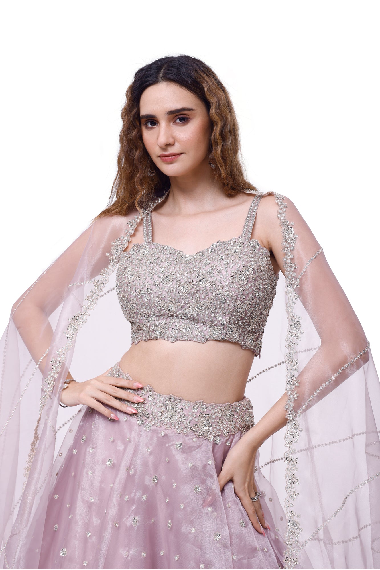 Shop lavender embroidered tissue lehenga online in USA with dupatta. Dazzle on weddings and special occasions with exquisite designer lehengas, Anarkali suit, sharara suit, Indowestern outfits, bridal lehengas from Pure Elegance Indian clothing store in the USA. -closeup