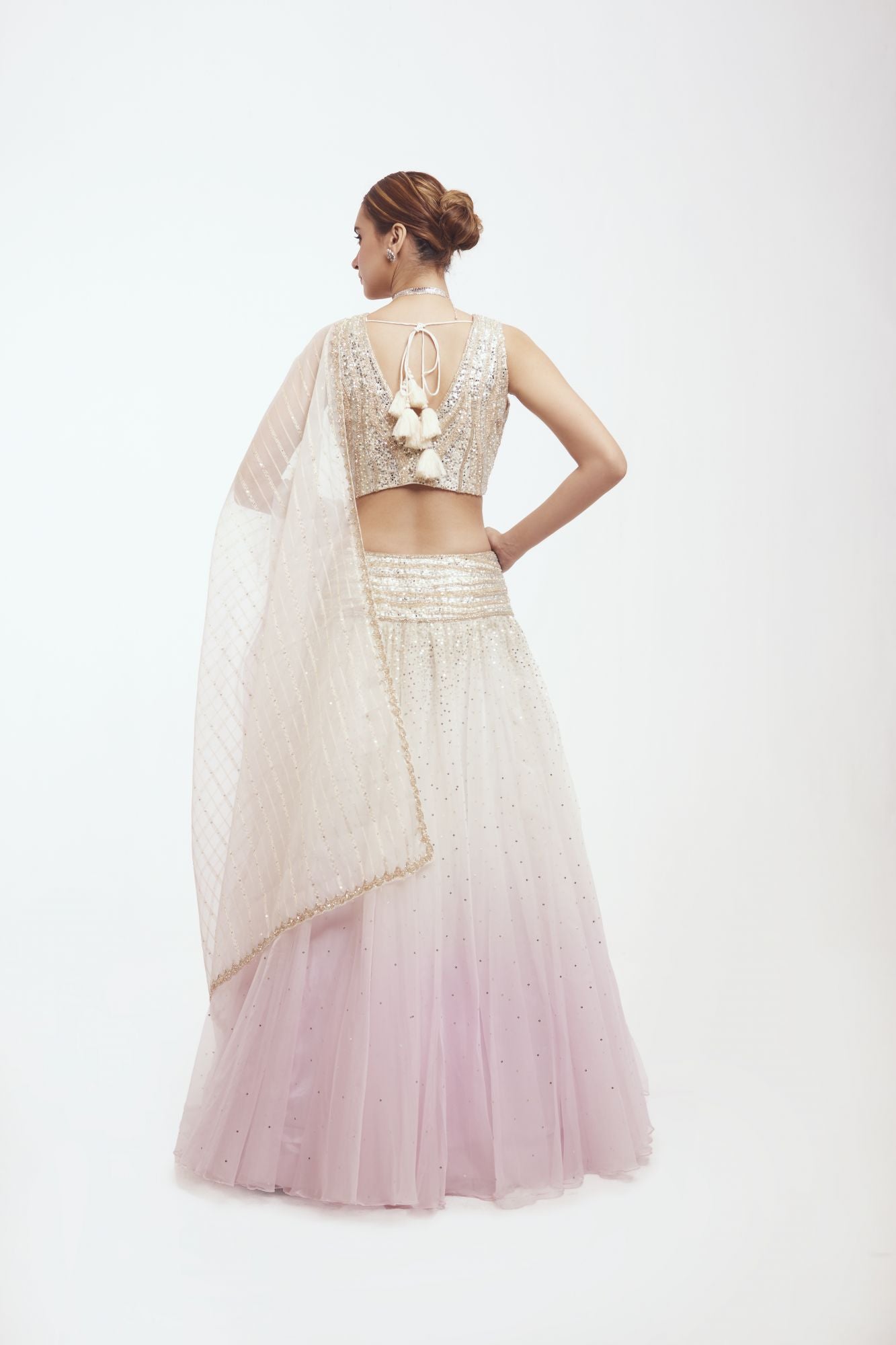 Buy dual tone embroidered organza lehenga online in USA with dupatta. Dazzle on weddings and special occasions with exquisite designer lehengas, Anarkali suit, sharara suit, Indowestern outfits, bridal lehengas from Pure Elegance Indian clothing store in the USA. -back