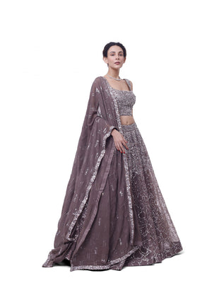 Buy grey sequin and mirror work lehenga online in USA with dupatta. Dazzle on weddings and special occasions with exquisite designer lehengas, Anarkali suit, sharara suit, Indowestern outfits, bridal lehengas from Pure Elegance Indian clothing store in the USA. -lehenga