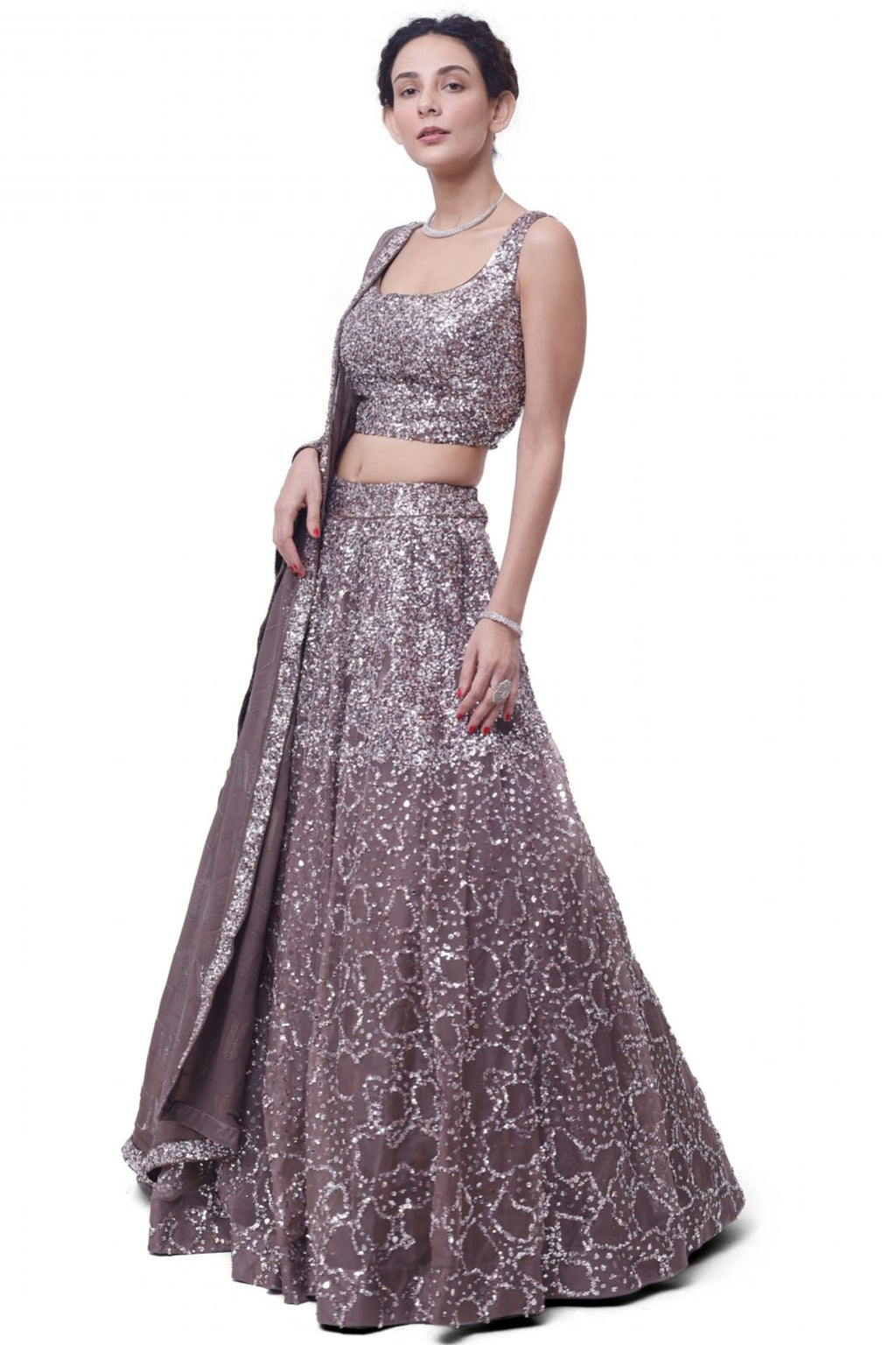 Buy grey sequin and mirror work lehenga online in USA with dupatta. Dazzle on weddings and special occasions with exquisite designer lehengas, Anarkali suit, sharara suit, Indowestern outfits, bridal lehengas from Pure Elegance Indian clothing store in the USA. -full view