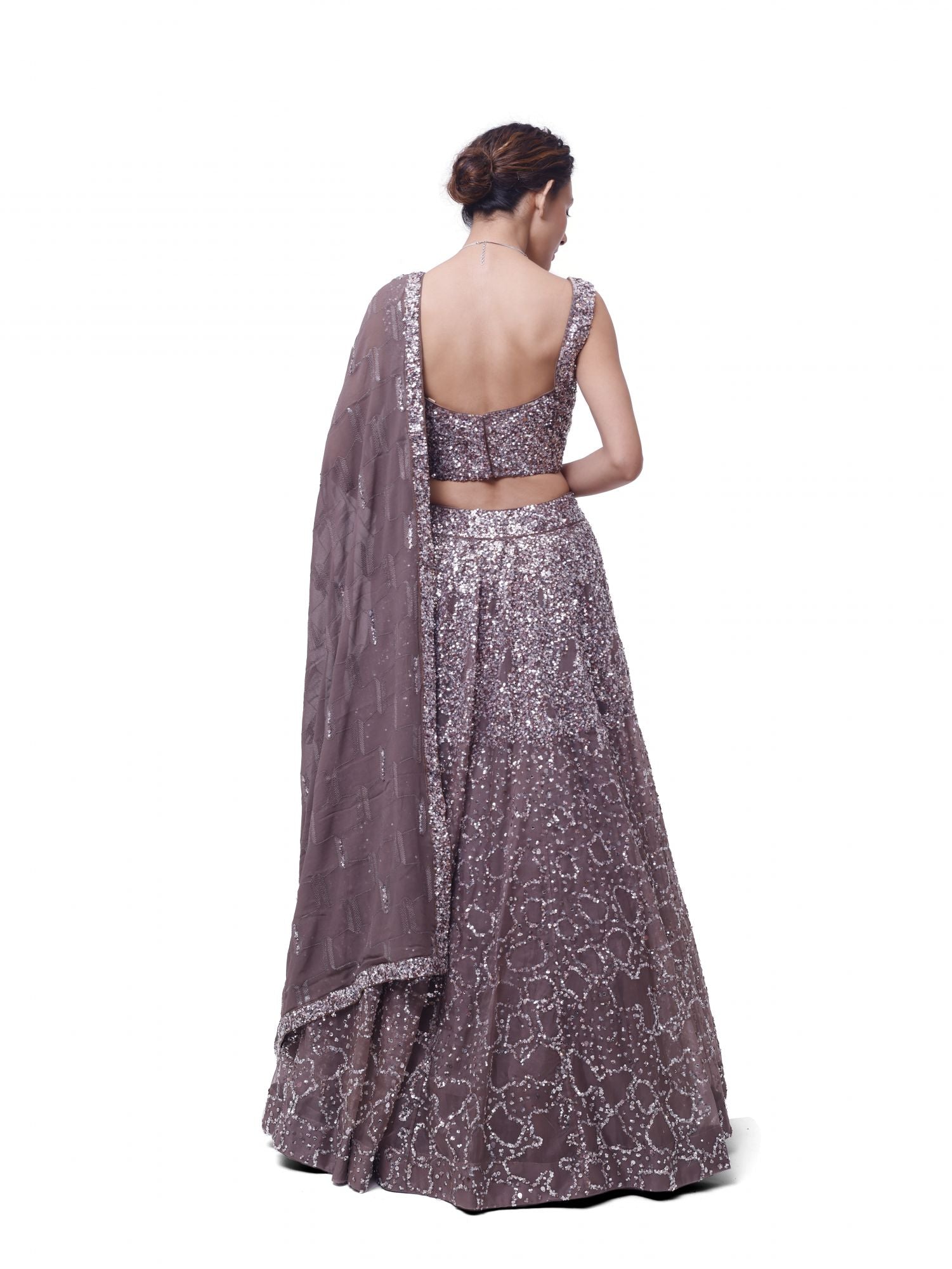 Buy grey sequin and mirror work lehenga online in USA with dupatta. Dazzle on weddings and special occasions with exquisite designer lehengas, Anarkali suit, sharara suit, Indowestern outfits, bridal lehengas from Pure Elegance Indian clothing store in the USA. -back