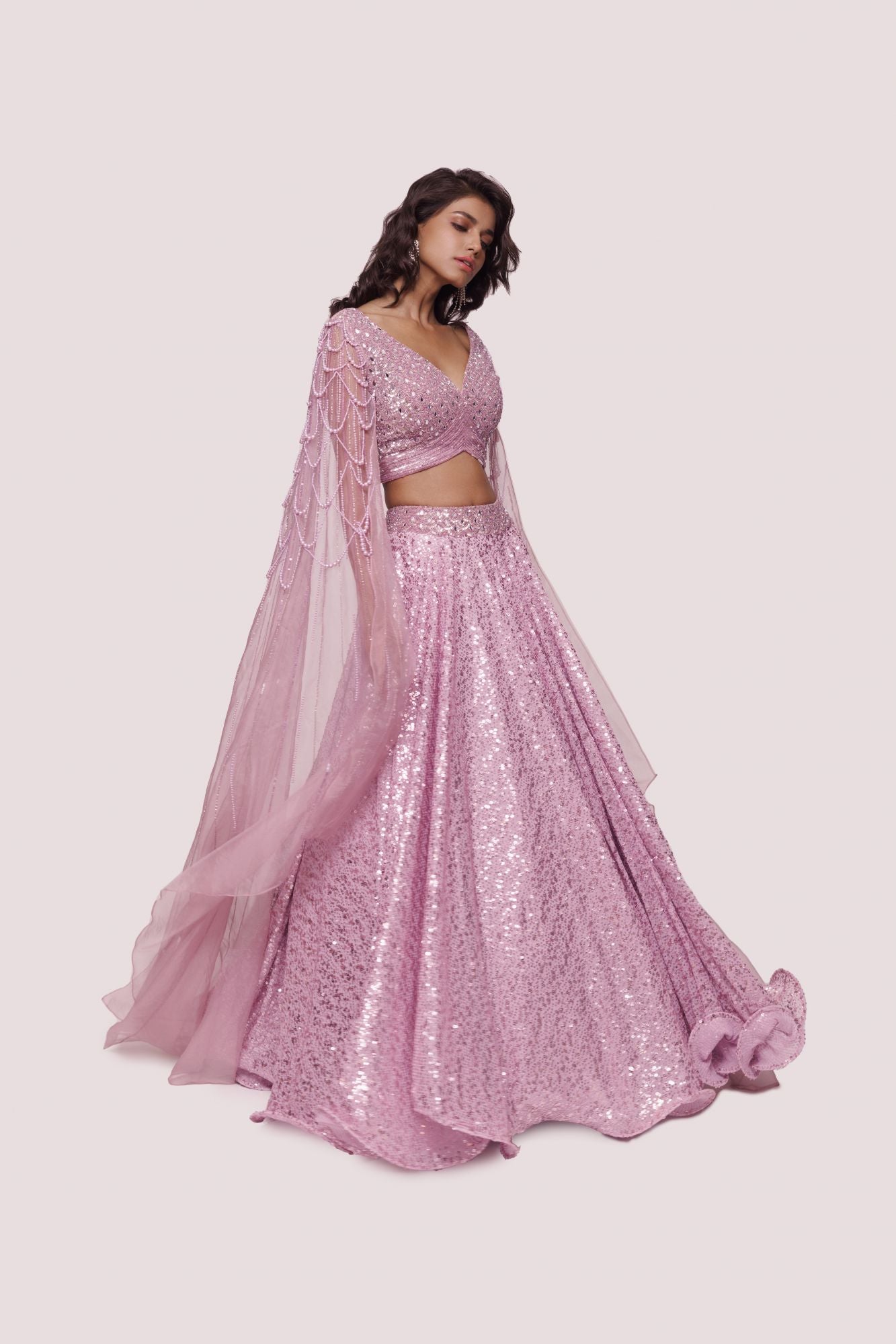 Shop lilac embroidered net and organza lehenga online in USA. Dazzle on weddings and special occasions with exquisite designer lehengas, Anarkali suit, sharara suit, Indowestern outfits, bridal lehengas from Pure Elegance Indian clothing store in the USA. -side