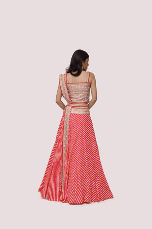 Buy red embroidered silk lehriya lehenga online in USA with belt and thin dupatta. Dazzle on weddings and special occasions with exquisite designer lehengas, Anarkali suit, sharara suit, Indowestern outfits, bridal lehengas from Pure Elegance Indian clothing store in the USA. -back