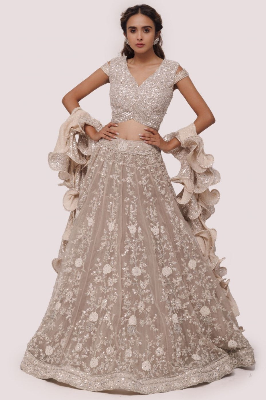 Shop bone white embroidered net and organza lehenga online in USA. Dazzle on weddings and special occasions with exquisite designer lehengas, Anarkali suit, sharara suit, Indowestern outfits, bridal lehengas from Pure Elegance Indian clothing store in the USA. -full view