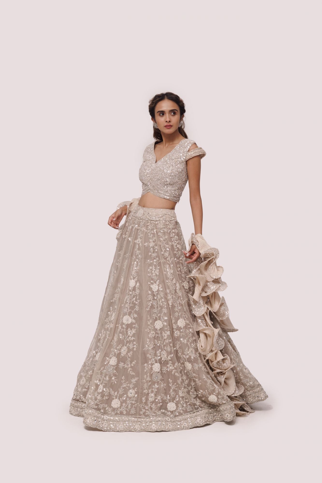 Shop bone white embroidered net and organza lehenga online in USA. Dazzle on weddings and special occasions with exquisite designer lehengas, Anarkali suit, sharara suit, Indowestern outfits, bridal lehengas from Pure Elegance Indian clothing store in the USA. -lehenga