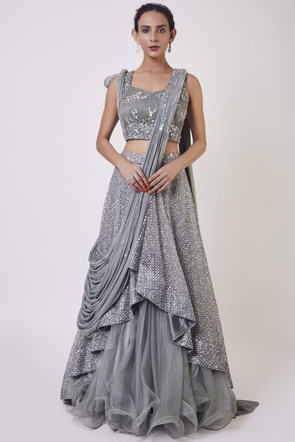 Shop dusky blue satin and organza contemporary lehenga online in USA. Dazzle on weddings and special occasions with exquisite designer lehengas, Anarkali suit, sharara suit, Indowestern outfits, bridal lehengas from Pure Elegance Indian clothing store in the USA. -full view