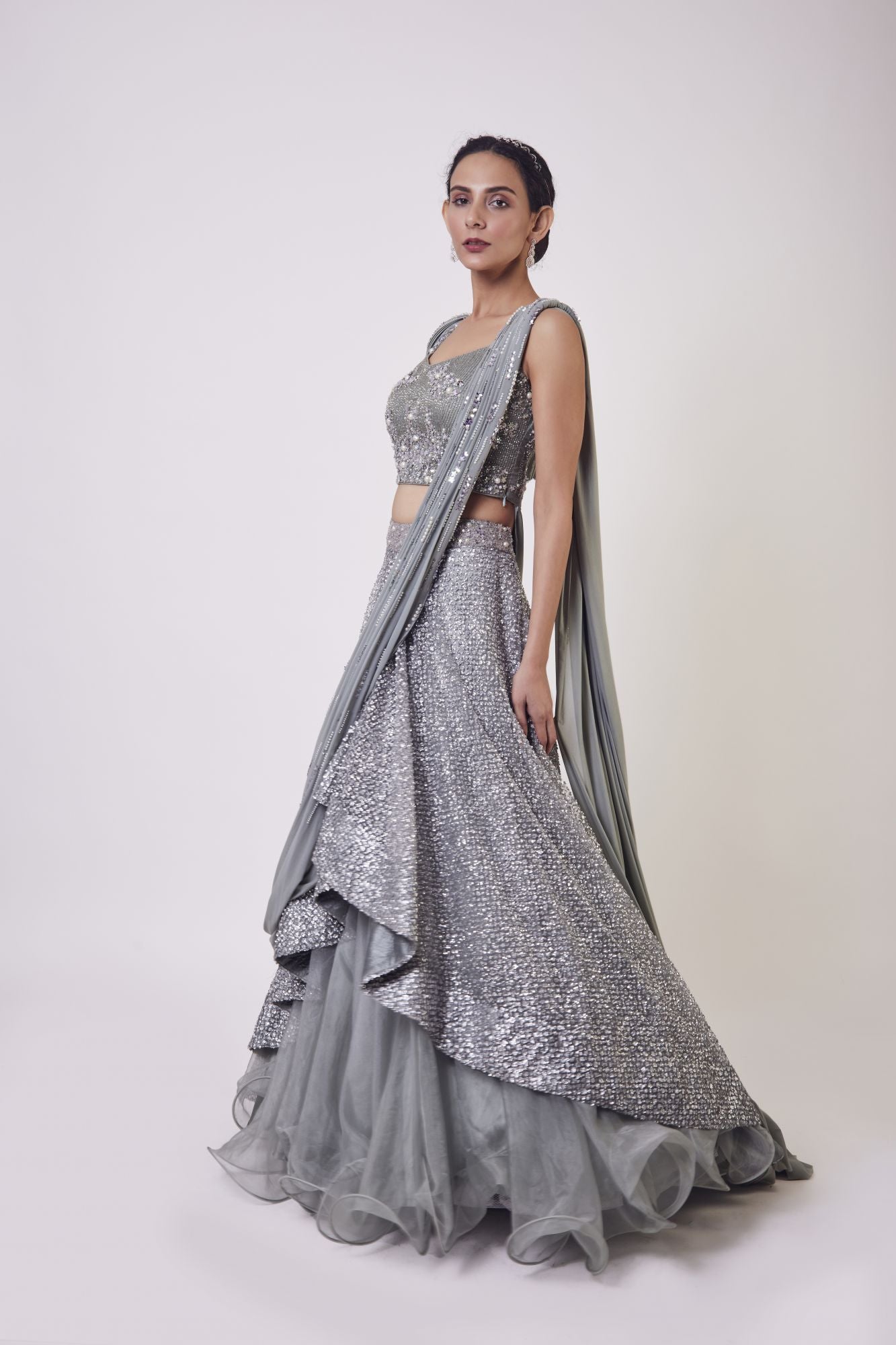 Shop dusky blue satin and organza contemporary lehenga online in USA. Dazzle on weddings and special occasions with exquisite designer lehengas, Anarkali suit, sharara suit, Indowestern outfits, bridal lehengas from Pure Elegance Indian clothing store in the USA. -lehenga
