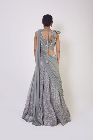 Shop dusky blue satin and organza contemporary lehenga online in USA. Dazzle on weddings and special occasions with exquisite designer lehengas, Anarkali suit, sharara suit, Indowestern outfits, bridal lehengas from Pure Elegance Indian clothing store in the USA. -back