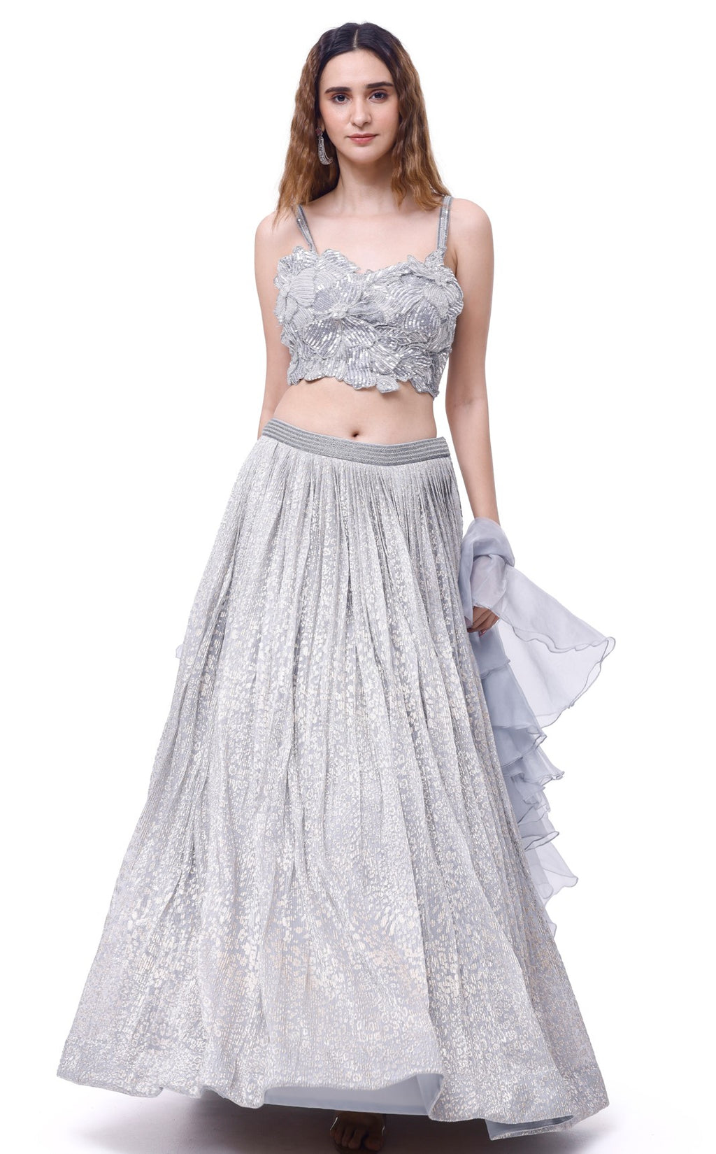 Buy beautiful 3D floral work silver lehenga online in USA with dupatta. Dazzle on weddings and special occasions with exquisite designer lehengas, Anarkali suit, sharara suit, Indowestern outfits, bridal lehengas from Pure Elegance Indian clothing store in the USA. -full view
