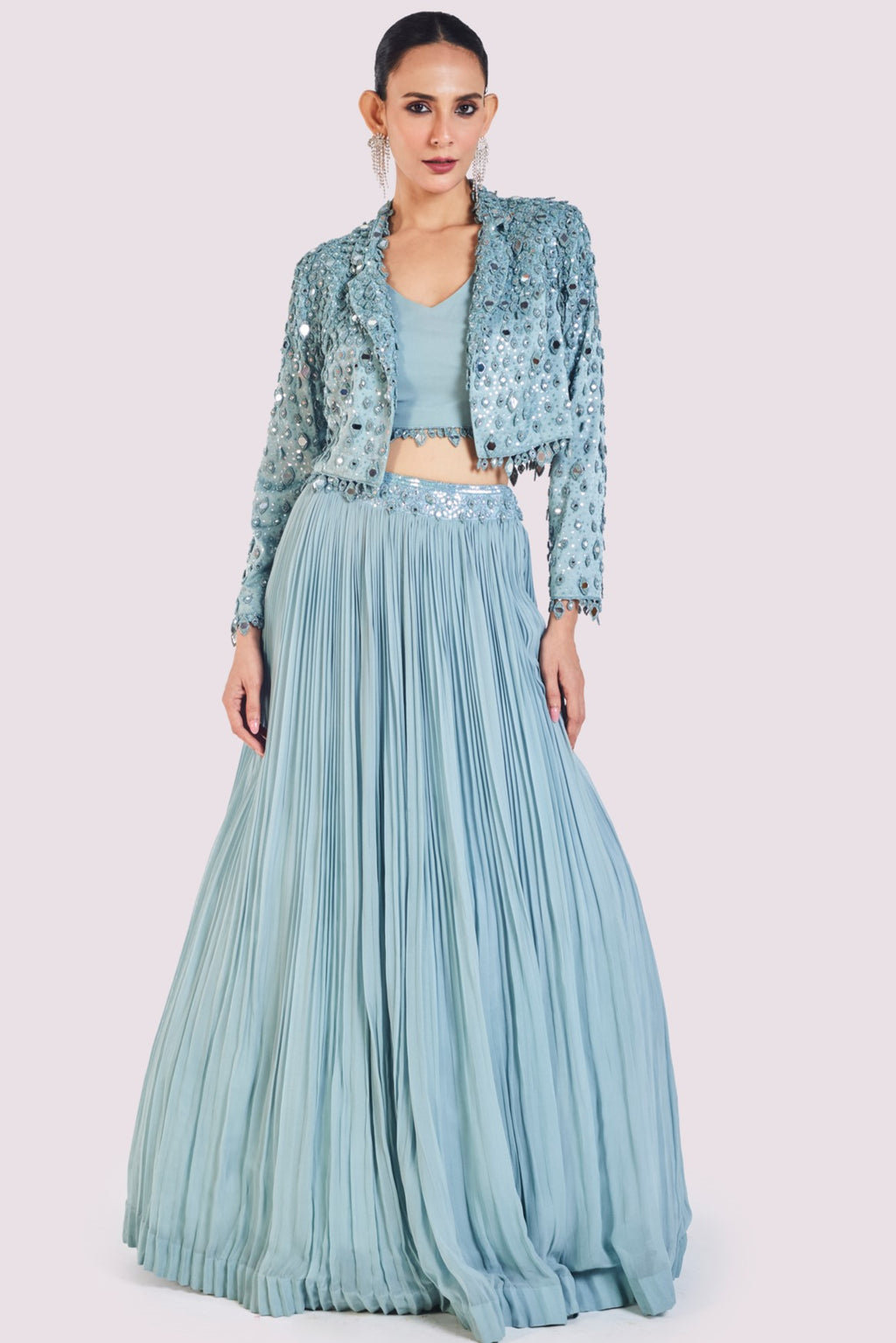 Shop beautiful sky blue drop embroidered skirt set online in USA with jacket. Dazzle on weddings and special occasions with exquisite designer lehengas, Anarkali suit, sharara suit, Indowestern outfits, bridal lehengas from Pure Elegance Indian clothing store in the USA. -full view