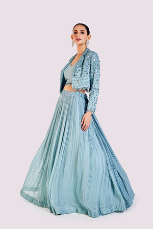 Shop beautiful sky blue drop embroidered skirt set online in USA with jacket. Dazzle on weddings and special occasions with exquisite designer lehengas, Anarkali suit, sharara suit, Indowestern outfits, bridal lehengas from Pure Elegance Indian clothing store in the USA. -lehenga
