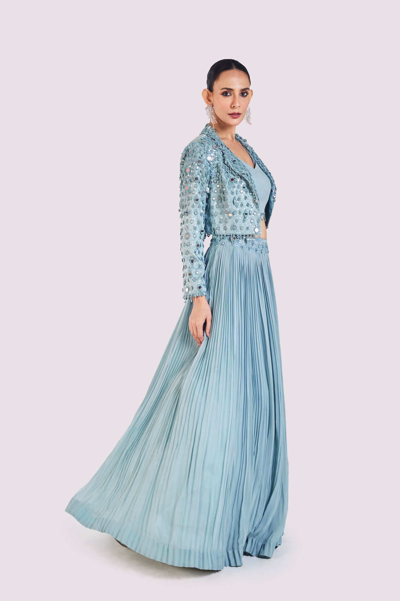 Shop beautiful sky blue drop embroidered skirt set online in USA with jacket. Dazzle on weddings and special occasions with exquisite designer lehengas, Anarkali suit, sharara suit, Indowestern outfits, bridal lehengas from Pure Elegance Indian clothing store in the USA. -side