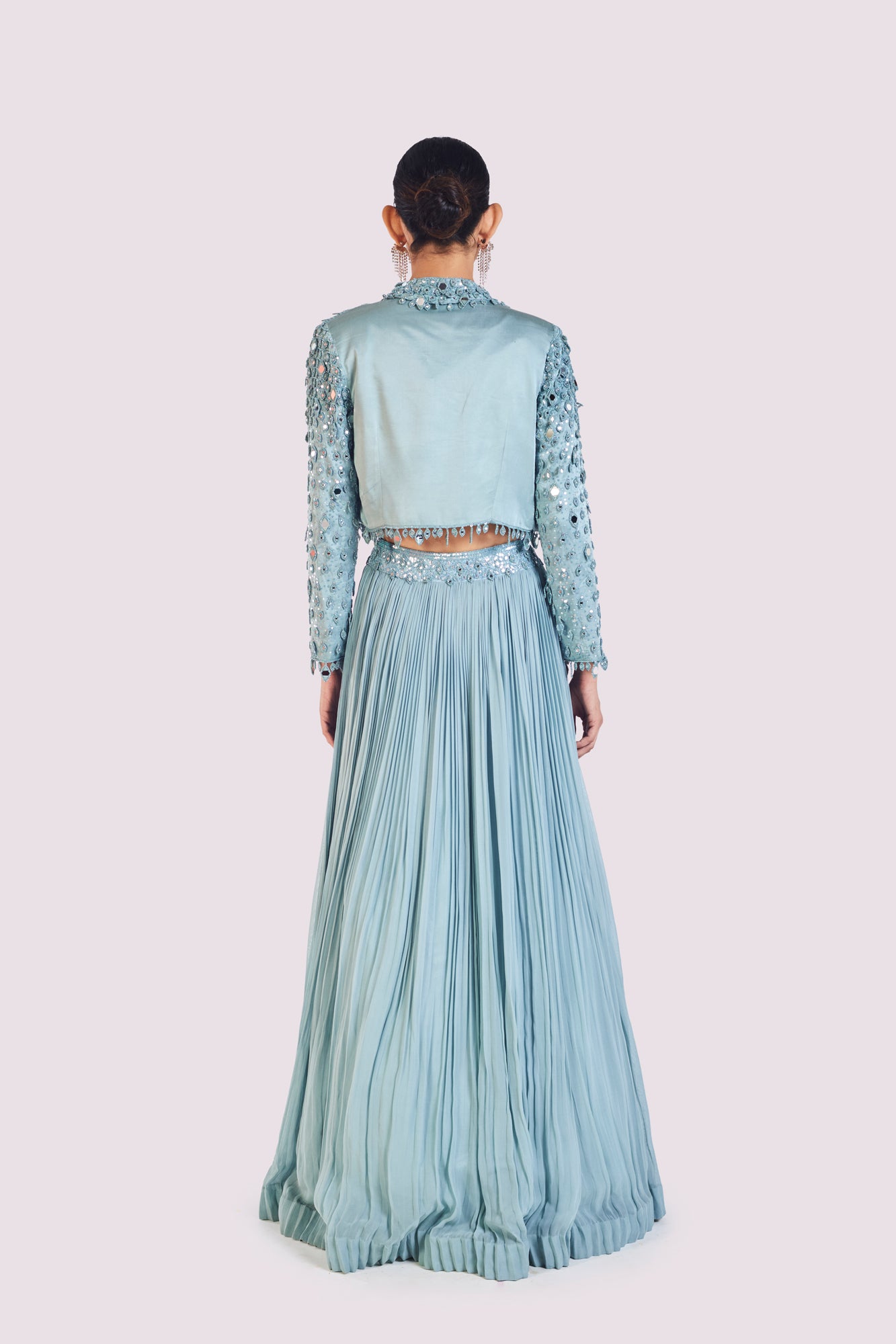 Shop beautiful sky blue drop embroidered skirt set online in USA with jacket. Dazzle on weddings and special occasions with exquisite designer lehengas, Anarkali suit, sharara suit, Indowestern outfits, bridal lehengas from Pure Elegance Indian clothing store in the USA. -back