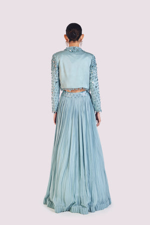 Shop beautiful sky blue drop embroidered skirt set online in USA with jacket. Dazzle on weddings and special occasions with exquisite designer lehengas, Anarkali suit, sharara suit, Indowestern outfits, bridal lehengas from Pure Elegance Indian clothing store in the USA. -back