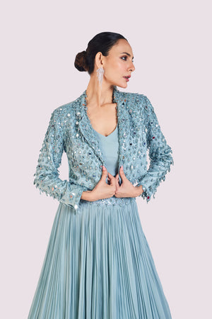 Shop beautiful sky blue drop embroidered skirt set online in USA with jacket. Dazzle on weddings and special occasions with exquisite designer lehengas, Anarkali suit, sharara suit, Indowestern outfits, bridal lehengas from Pure Elegance Indian clothing store in the USA. -closeup