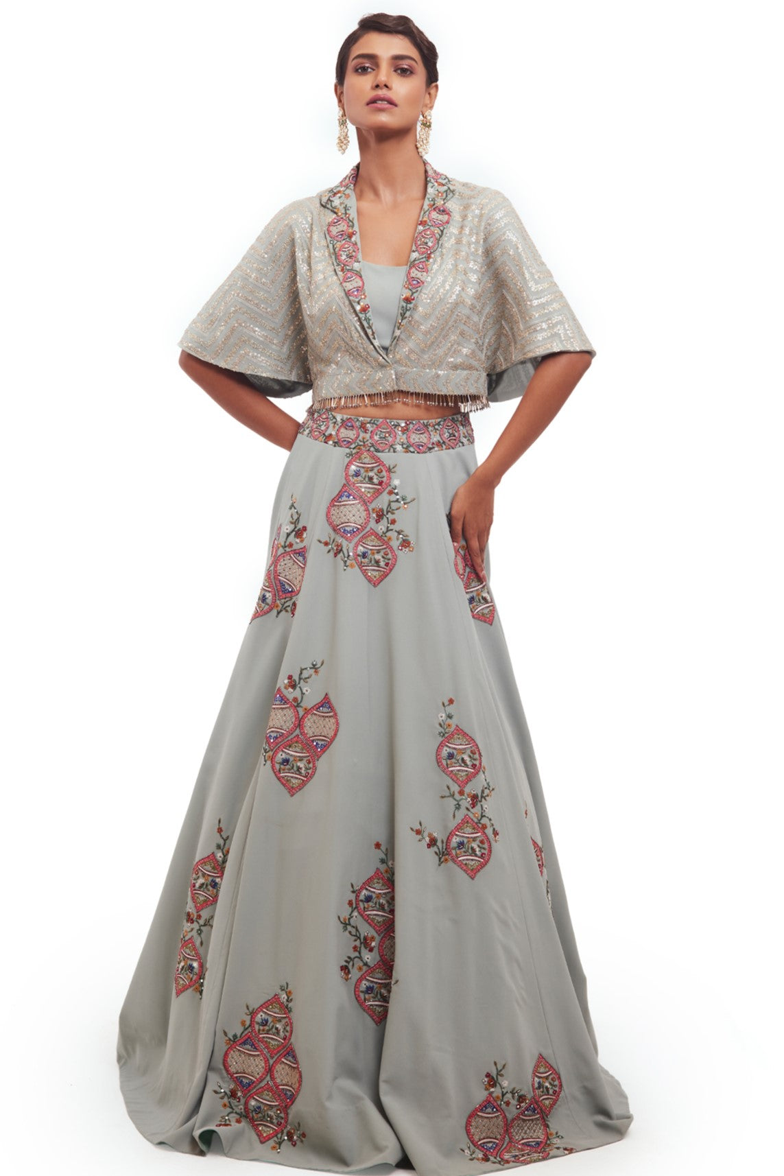 Shop beautiful sky blue georgette skirt set online in USA with crop jacket. Dazzle on weddings and special occasions with exquisite designer lehengas, Anarkali suit, sharara suit, Indowestern outfits, bridal lehengas from Pure Elegance Indian clothing store in the USA. -full view