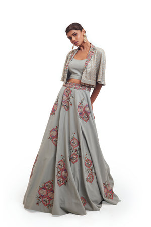 Shop beautiful sky blue georgette skirt set online in USA with crop jacket. Dazzle on weddings and special occasions with exquisite designer lehengas, Anarkali suit, sharara suit, Indowestern outfits, bridal lehengas from Pure Elegance Indian clothing store in the USA. -jacket