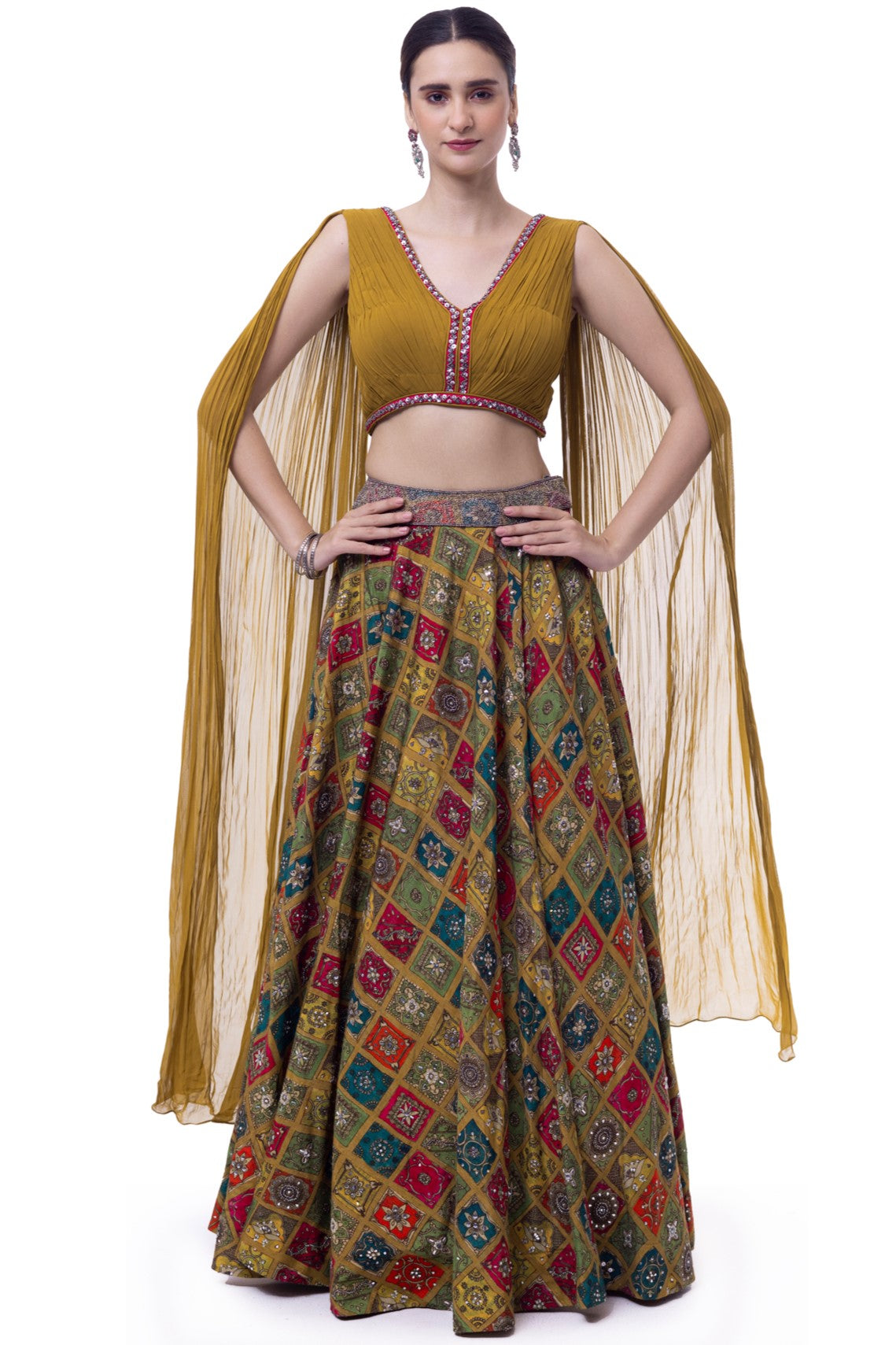 Shop mustard georgette silk skirt online in USA with pleated top. Dazzle on weddings and special occasions with exquisite designer lehengas, Anarkali suit, sharara suit, Indowestern outfits, bridal lehengas from Pure Elegance Indian clothing store in the USA. -full view