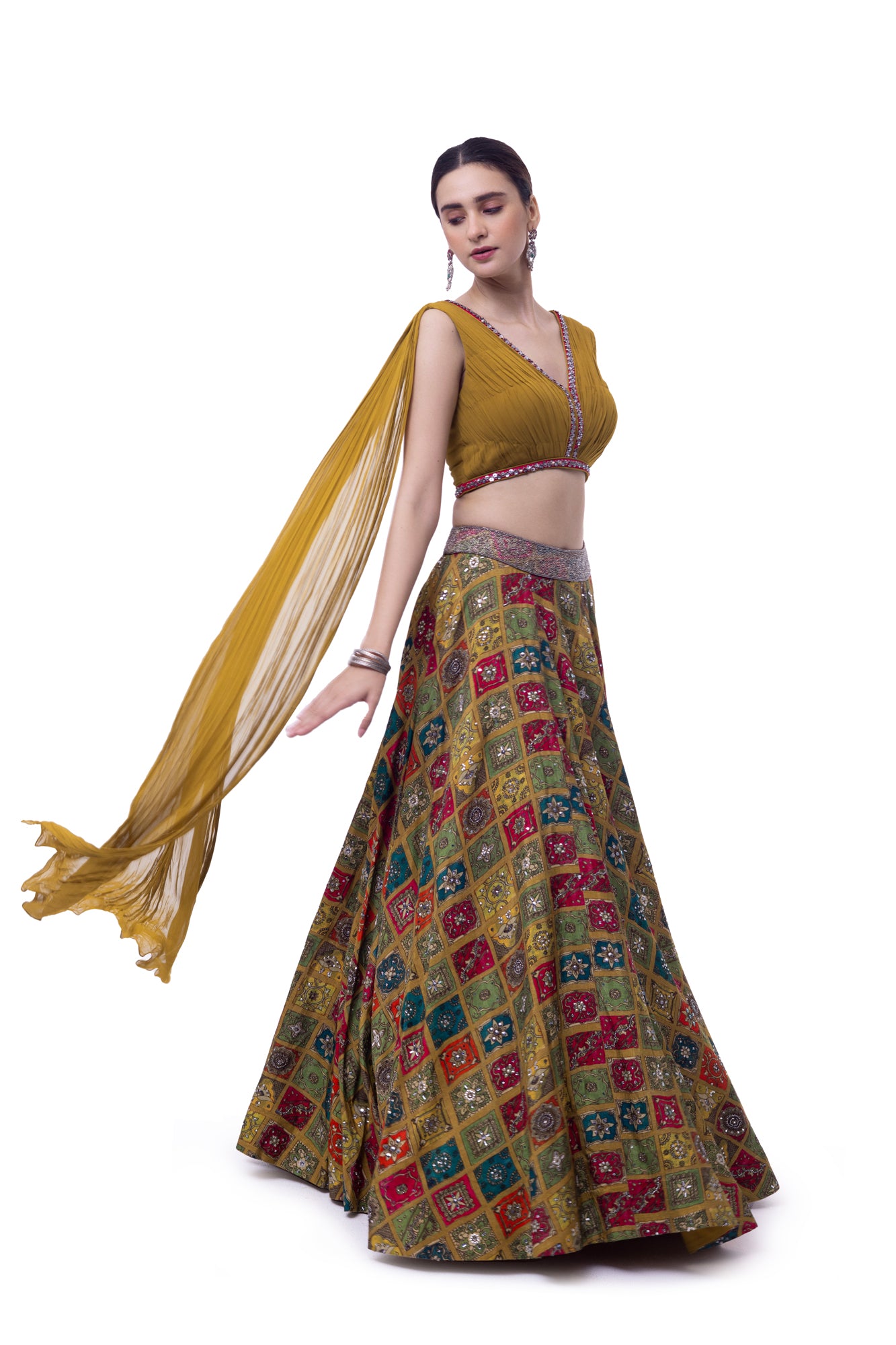 Shop mustard georgette silk skirt online in USA with pleated top. Dazzle on weddings and special occasions with exquisite designer lehengas, Anarkali suit, sharara suit, Indowestern outfits, bridal lehengas from Pure Elegance Indian clothing store in the USA. -side